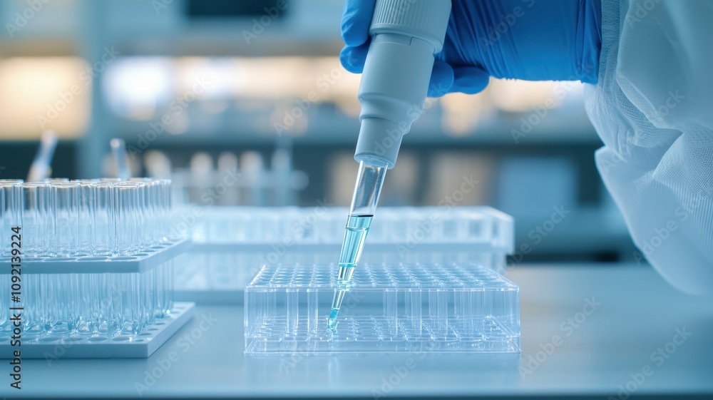 Poster modern laboratory setting close -up concept. laboratory technician using pipette for experiments