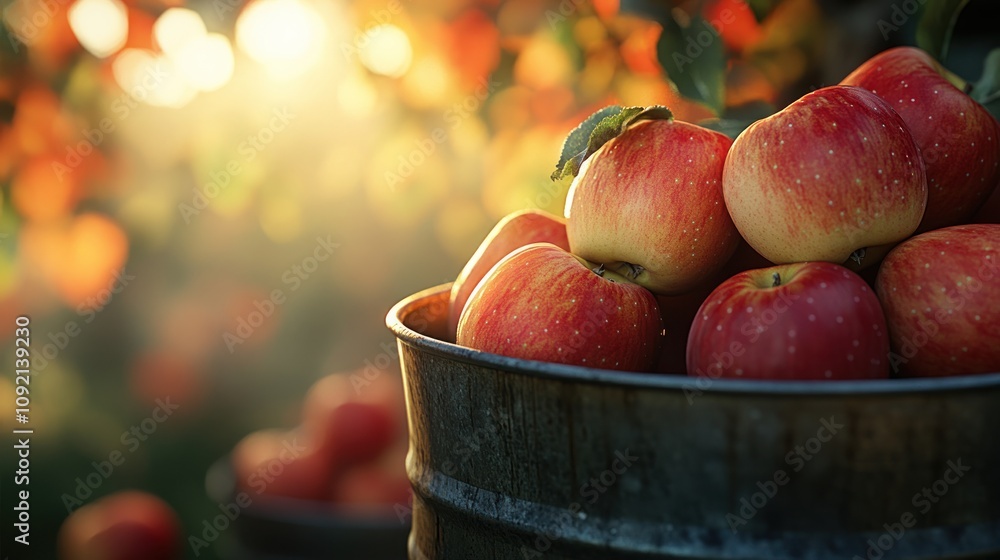 Aufkleber a close-up of freshly picked apples in a rustic bucket, illuminated by soft sunlight.