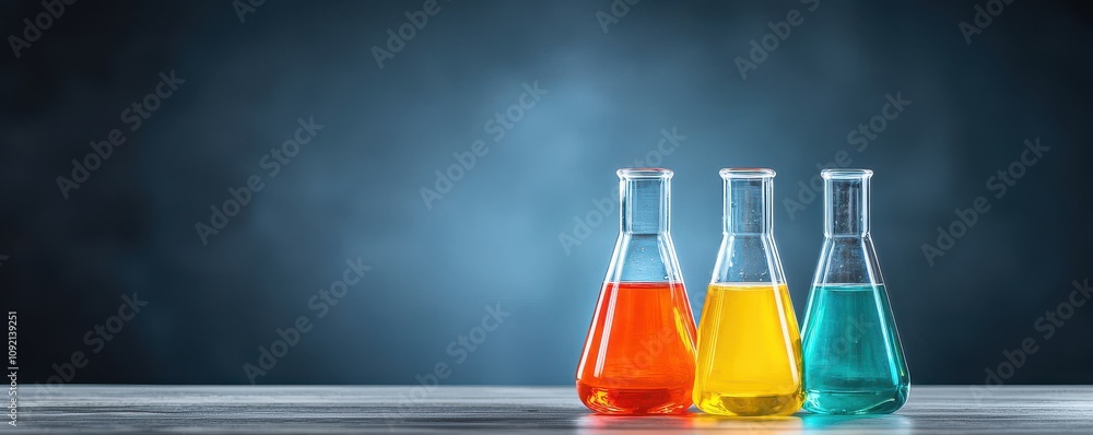 Aufkleber modern laboratory setting close -up concept. laboratory flasks with colorful liquids on a table