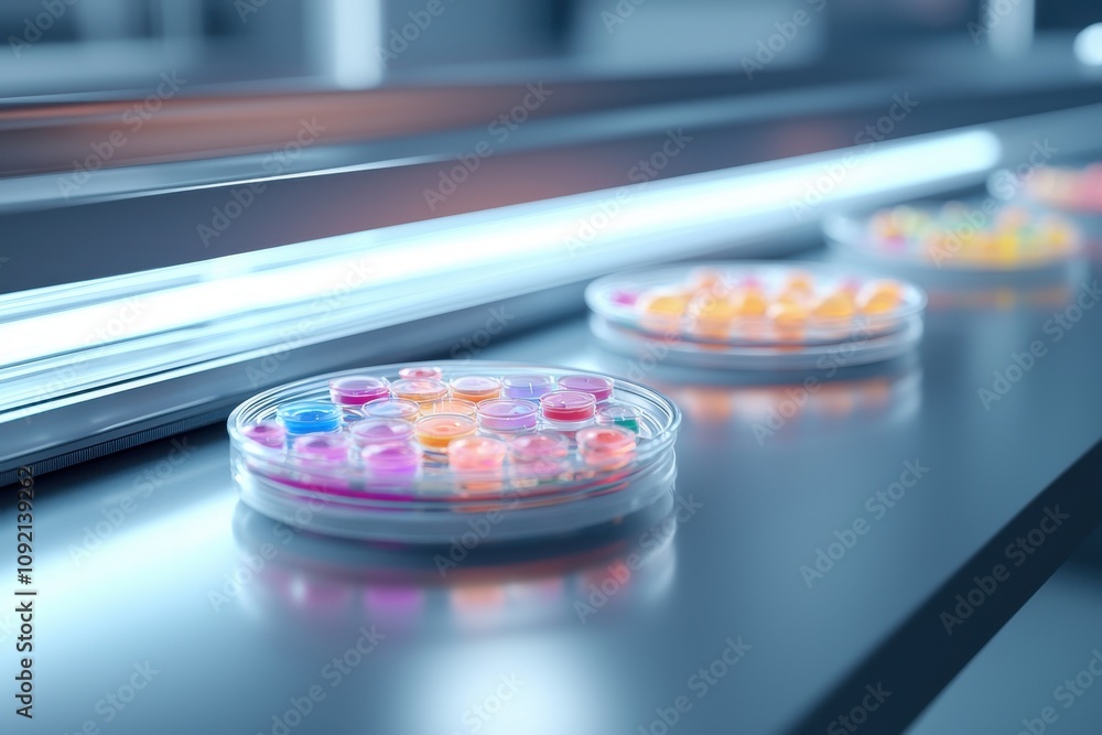 Poster modern laboratory setting close -up concept. petri dishes with colorful samples on a lab countertop.