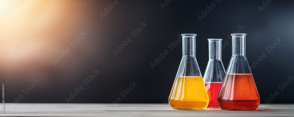 Poster modern laboratory setting close -up concept. laboratory flasks with colorful liquids on a dark backg