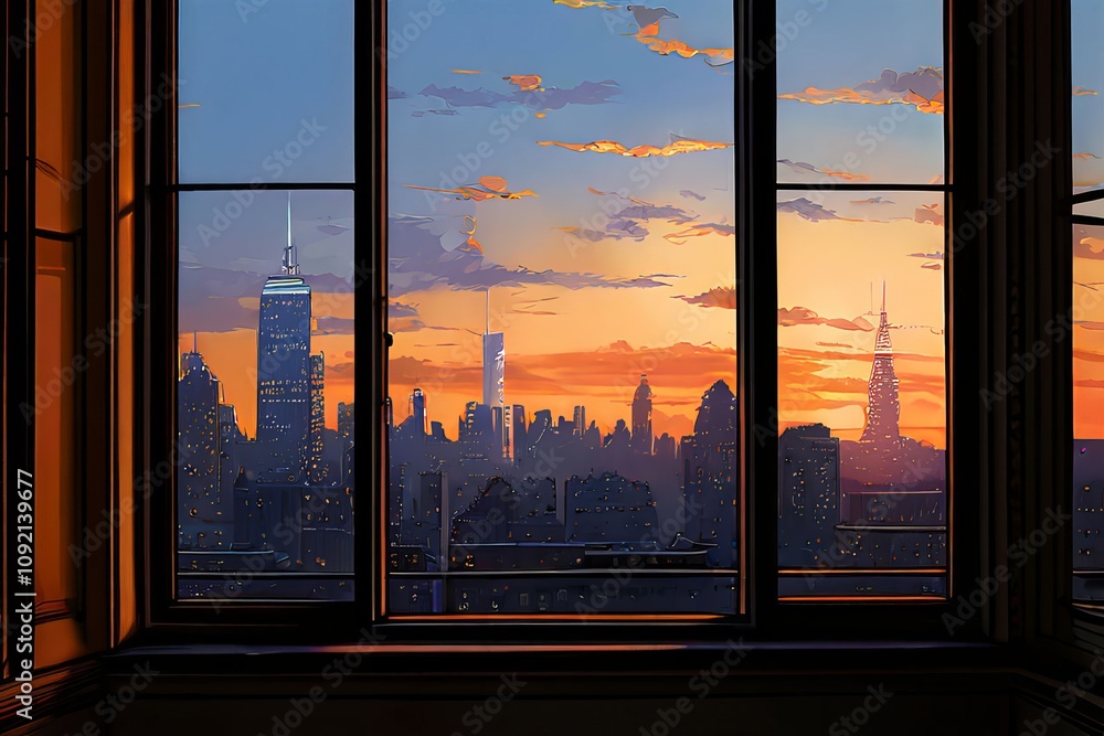 Poster a cityscape visible through a window in the background