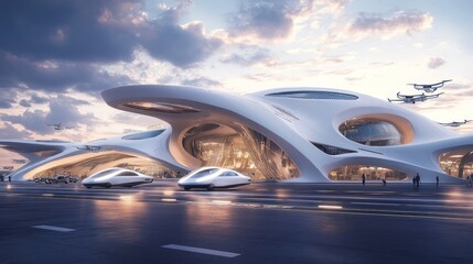 Obraz premium Futuristic building with white cars and flying drones.