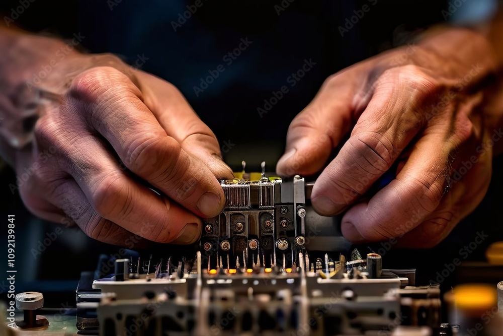 Poster a close up view of a constructors hands manipulating small parts
