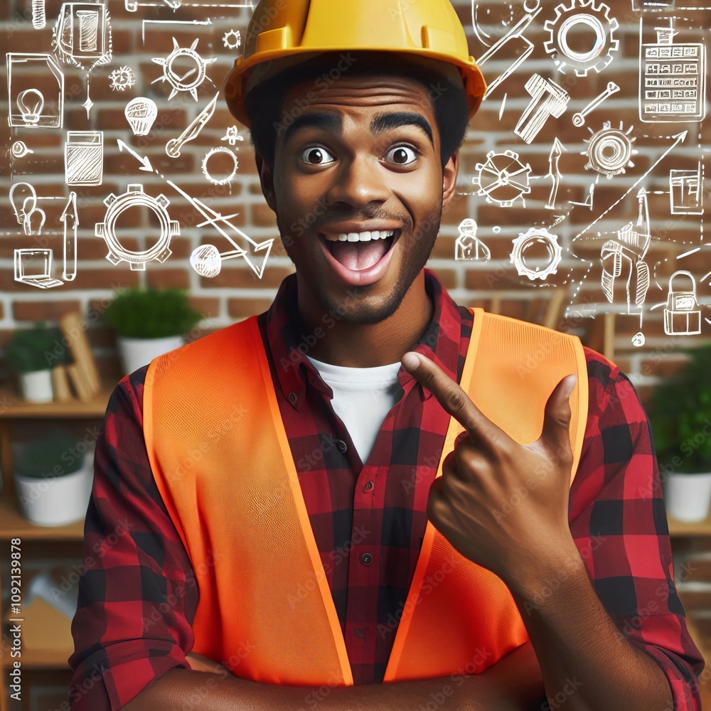 Poster a constructor gesturing animatedly while explaining their invent