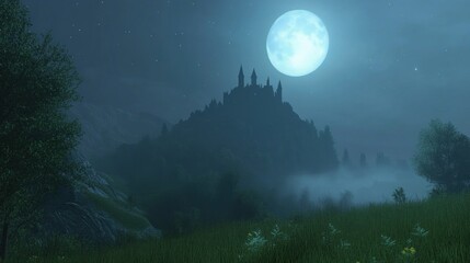 A majestic castle sits atop a misty hill, silhouetted against a full moon and starry sky.