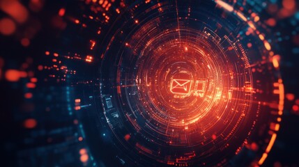 Obraz premium An abstract digital tunnel with a glowing email icon.