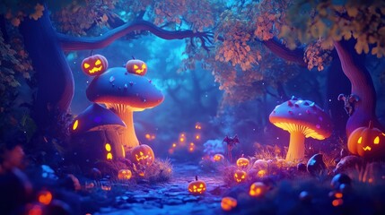 A magical Halloween forest with glowing pumpkins, mushrooms, and a path leading into the woods.