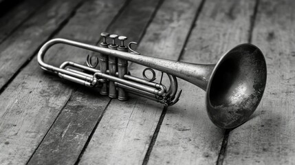 Obraz premium Vintage Trumpet on Wooden Floor - Black and White Photography
