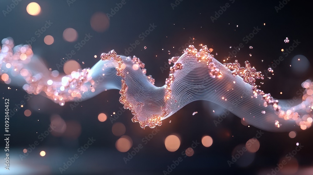 Poster abstract flowing design with shimmering particles and waves creating a dreamy atmosphere, suitable f