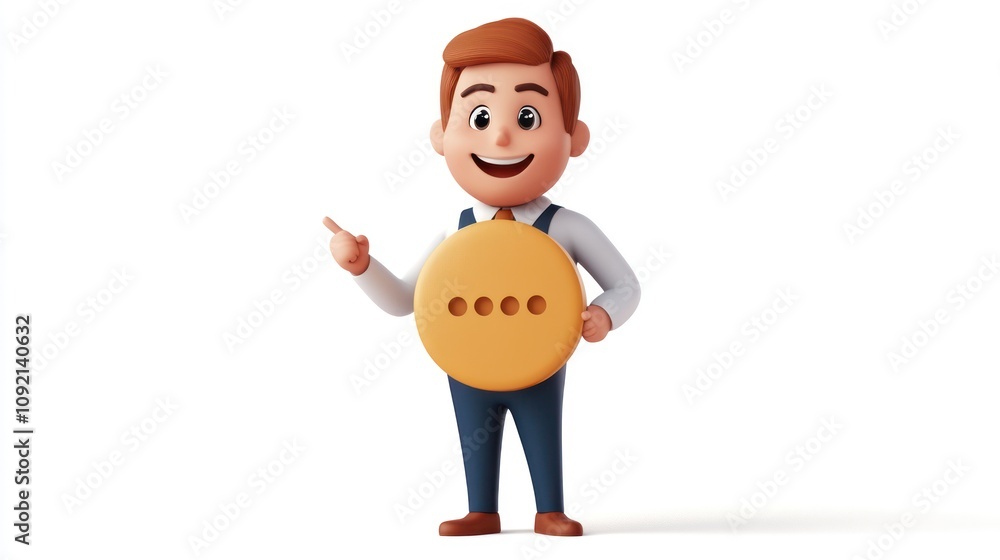 Poster a cheerful cartoon character holding a round sign, suggesting communication or messaging.