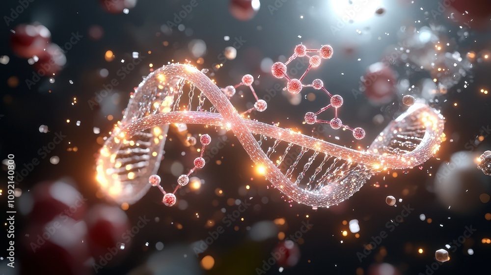 Poster a stunning visualization of a dna double helix structure with glowing particles, molecules, and a da