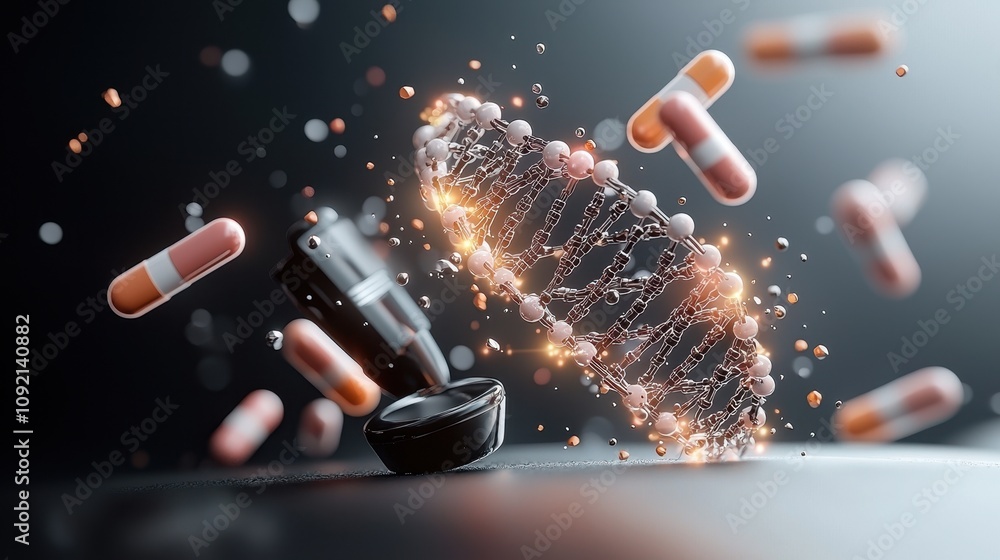 Poster 3d rendering of a dna double helix intertwined with colorful capsules, symbolizing the connection be