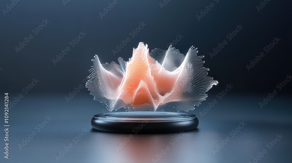 Poster abstract visual representation of sound waves and audio frequencies in a minimalistic style with flu