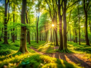 Obraz premium Captivating Tilt-Shift Photography of Sunlight Filtering Through Lush Green Trees in a Serene Forest, Creating a Dreamy Atmosphere and Inviting Natural Light to Illuminate the Scene