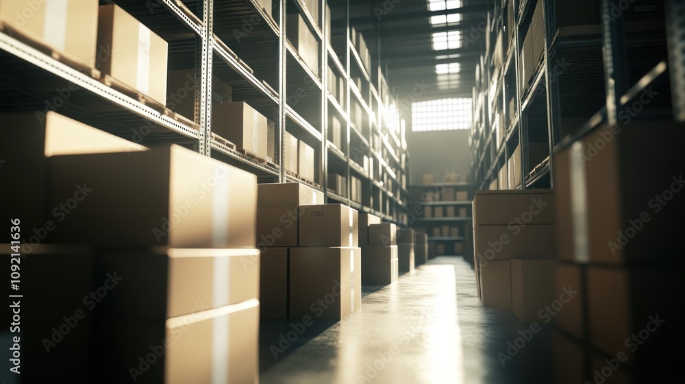 Poster a spacious warehouse filled with stacked boxes, illuminated by natural light.