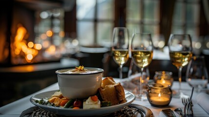 Fototapeta premium Cozy fondue dinner with wine and fireplace.
