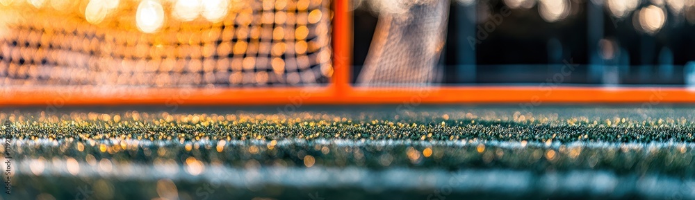 Poster A close-up view of a soccer goal with a blurred net and illuminated background.