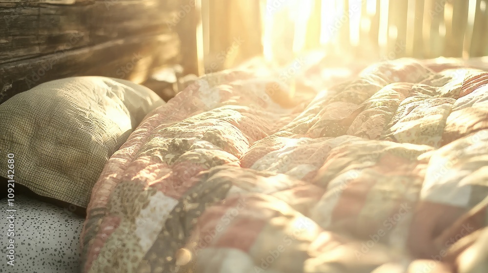 Poster a cozy quilt drapes over a bed, illuminated by warm sunlight filtering through a rustic setting, cre