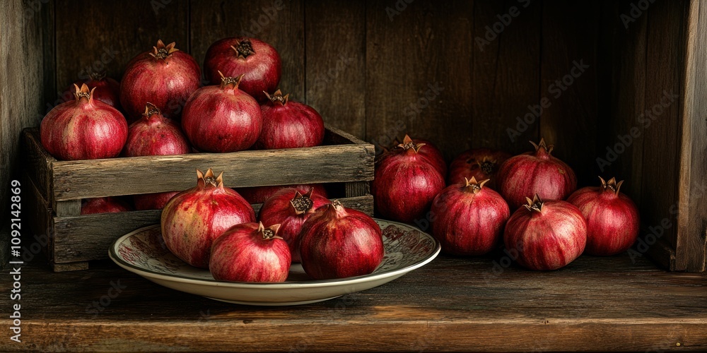 Poster a rustic display of pomegranates in a wooden crate and on a plate.