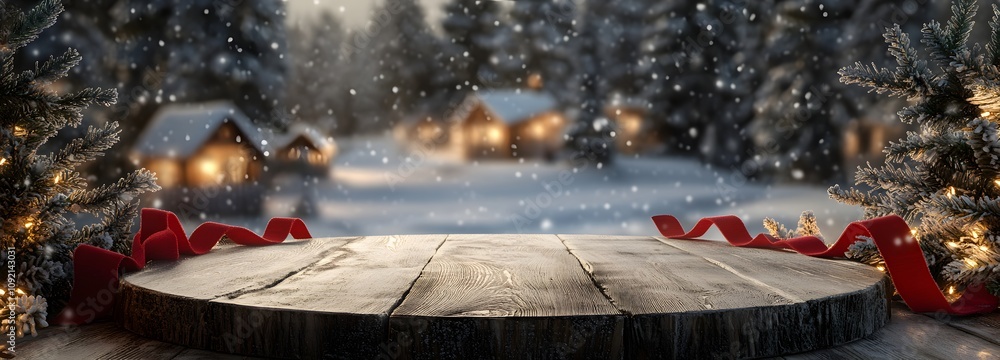 Poster a rustic podium made from natural wood, adorned with red ribbons and frosty pine branches. the winte