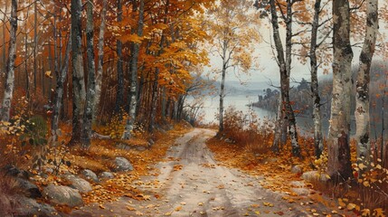 Fototapeta premium Autumnal lakeside path with colorful foliage.