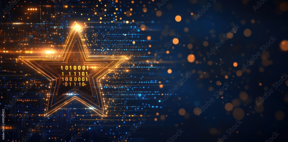 Poster a glowing star with binary code and digital elements against a blue background.