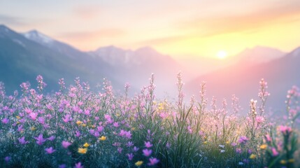 Fototapeta premium A picturesque meadow with vibrant wildflowers in bloom at sunrise, framed by majestic mountains.