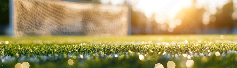 Aufkleber a close-up of a soccer field with a goalpost in the background during sunset.
