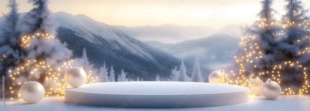 Poster a contemporary, frosted podium with glowing white lights and delicate baubles. the backdrop shows a 