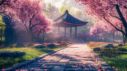 A picturesque gazebo surrounded by cherry blossoms and lush greenery along a stone path