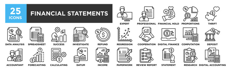 Financial Statements  icon collection set. Containing design Computer Expert, Tax Professional, Financial Hold, Proportions, Thrift