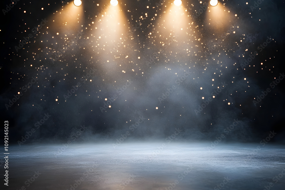 Poster abstract vintage dark background with spotlight on stage, grey floor and light, with particles creat