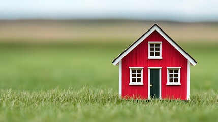 Miniature red house model on lush green grass nature photography outdoor scene tranquil environment close-up perspective