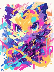 Fototapeta premium Colorful abstract portrait of a stylized cat, vibrant hues and paint splatters.