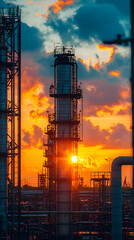 Sunset Over Refinery Silhouette with Industrial Skyline and Smokestacks
