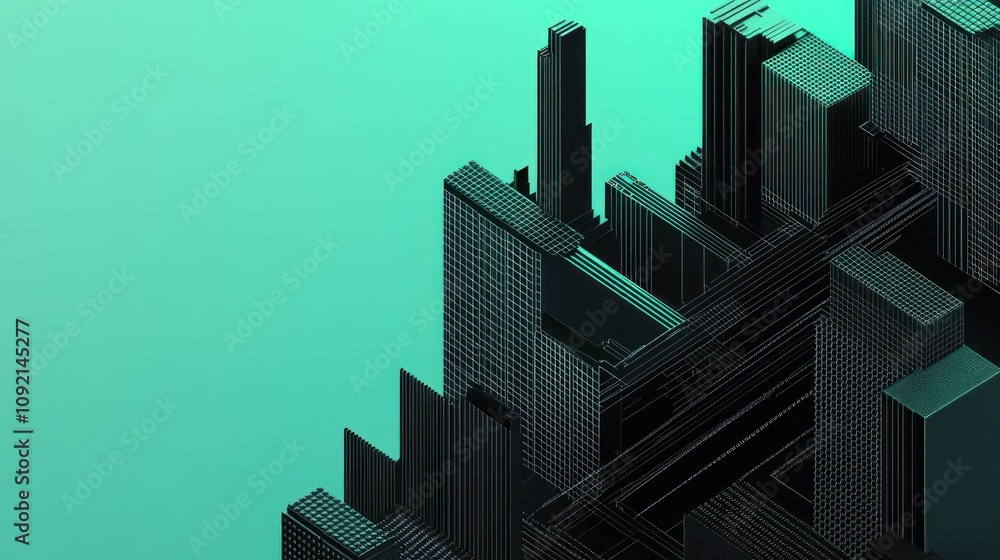 Poster abstract digital skyline with geometric shapes and gradients.