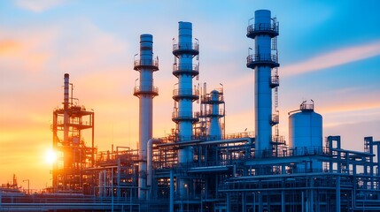 Obraz premium Industrial sunset over oil refinery urban environment photography modern technology aesthetic viewpoint energy production concept