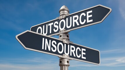 Obraz premium Two way Sign Post Pointing to Outsource and Insource Business Concepts