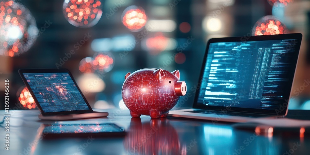 Poster a piggy bank stands between two laptops displaying code, symbolizing finance and technology.