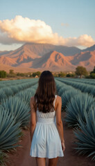 Young Mexican Woman in blue agave sowing vertical composition Mexican tequila plant beautiful sunset, girl dressed in white