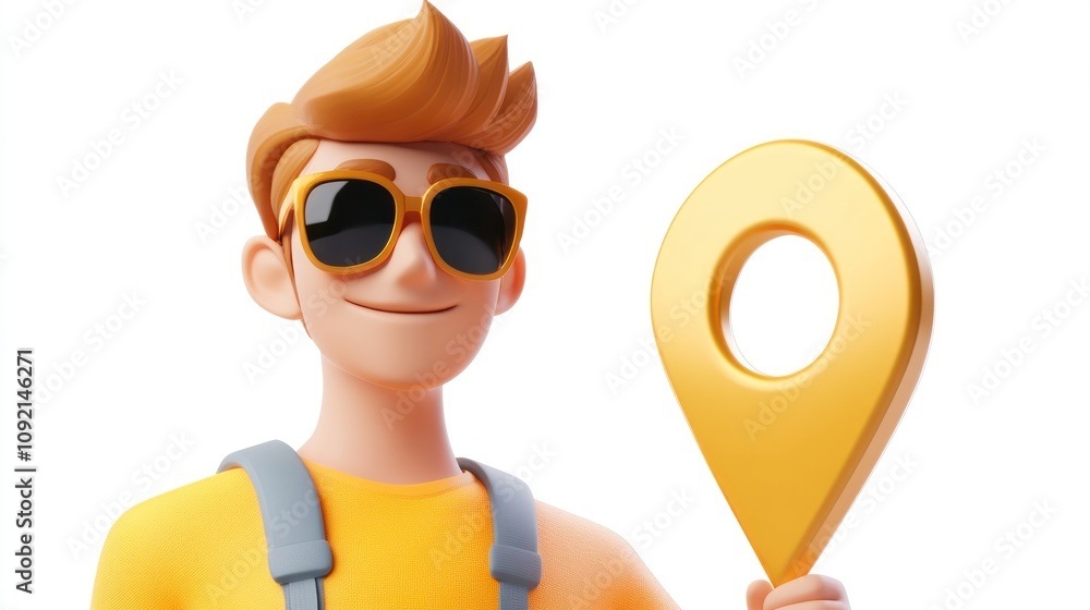 Poster a cheerful character in sunglasses holds a large location pin, symbolizing navigation or travel.