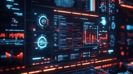 Obraz premium A futuristic, digital display with glowing blue and red graphics showing various data, charts, and indicators.