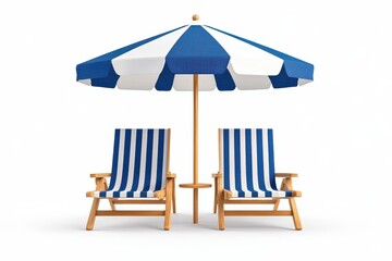 Stylish and Comfortable Wooden Lounge Chairs in Blue and White Stripes with a Matching Umbrella for Relaxation by the Pool or Beach