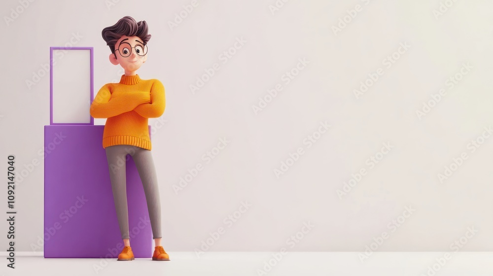 Poster a stylized character in an orange sweater leans against a purple block in a minimalist setting.