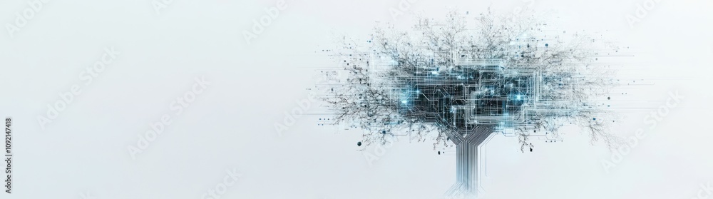 Poster a digitally rendered tree with a futuristic, abstract design symbolizing technology and nature.