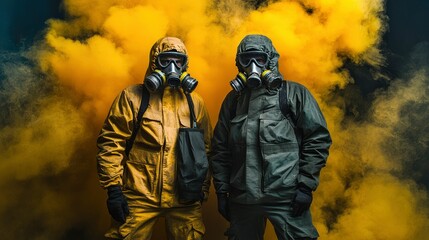 Fototapeta premium Two Figures in Hazmat Suits and Gas Masks Amidst Yellow Smoke
