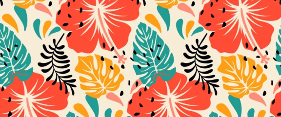 Rollo Muster tropical leaf and hand drawn summer flowers seamles pattern background  © Ferdi Vector