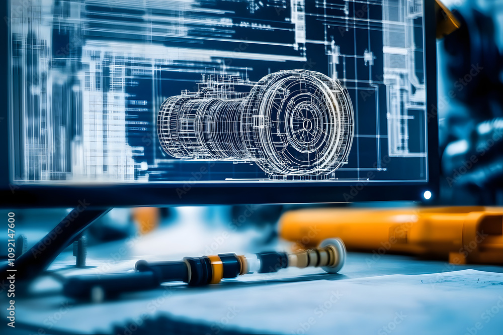 Poster close up of engineer s computer displaying intricate 3d mechanical design and blueprints