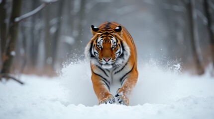 Naklejka premium Majestic Tiger Charging Through the Snow